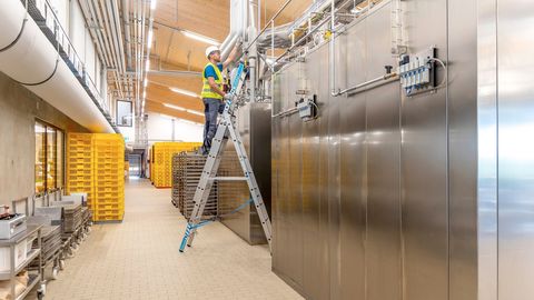 Ein Mann mit Warnweste und Helm steht auf der Mehrzweckleiter Skymaster Plus X