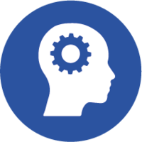 Piktogramm eines Kopfes mit einem Zahnrad an Stelle des Gehirns.