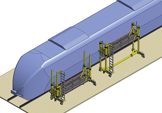 Állítható magasság 400–3000 mm között, létrafellépővel.