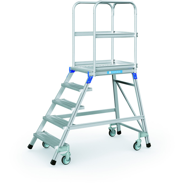 Trappe med platform, transportabel, enkelt, letmetaltrin og platform | Trapper med afsats og med hjul ZARGES - i aluminium